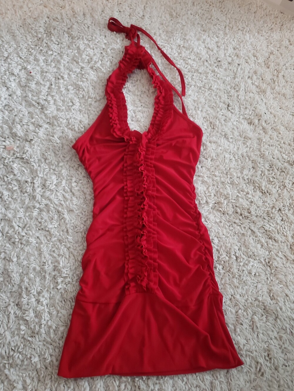 Red Ruffled Halter Mini Dress